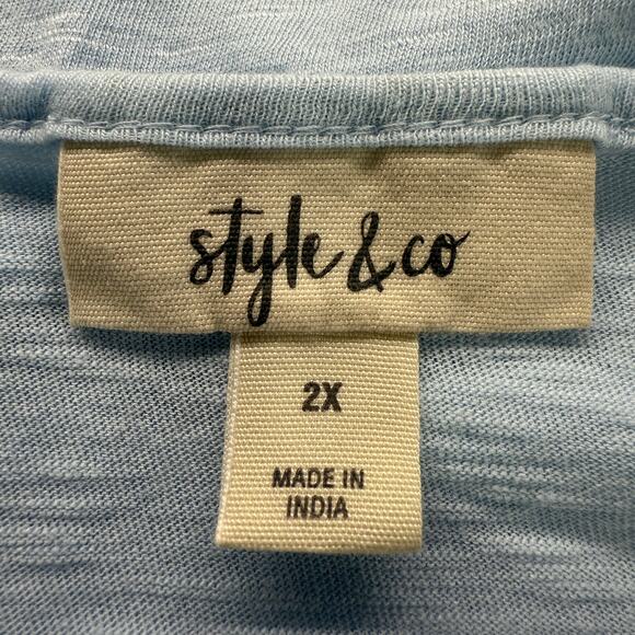 Style & Co Cotton Blend Blue White Floral Short Sleeve Pull-On Shirt Women 2X - Picture 3 of 5